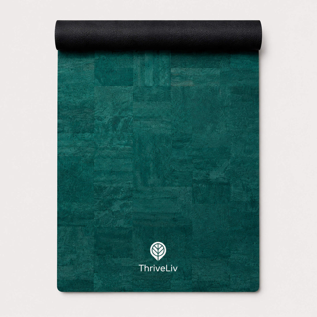 A teal green yoga mat with a textured patchwork design, partially unrolled to show its black underside. The brand name 'ThriveLiv' is printed in white near the bottom center.