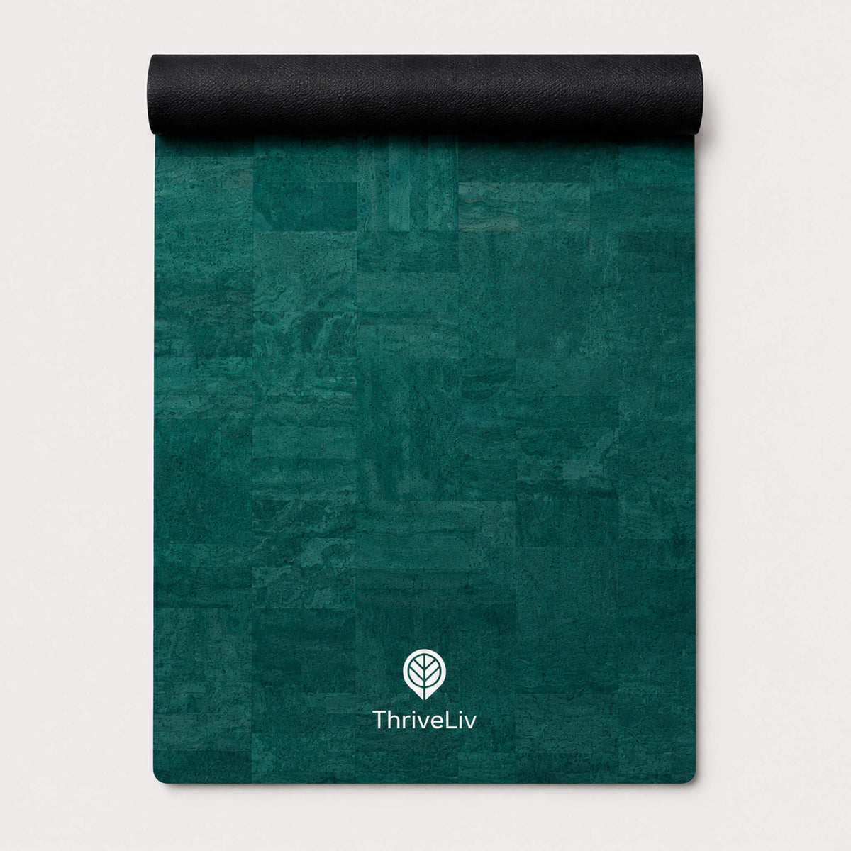 A teal green yoga mat with a textured patchwork design, partially unrolled to show its black underside. The brand name 'ThriveLiv' is printed in white near the bottom center.