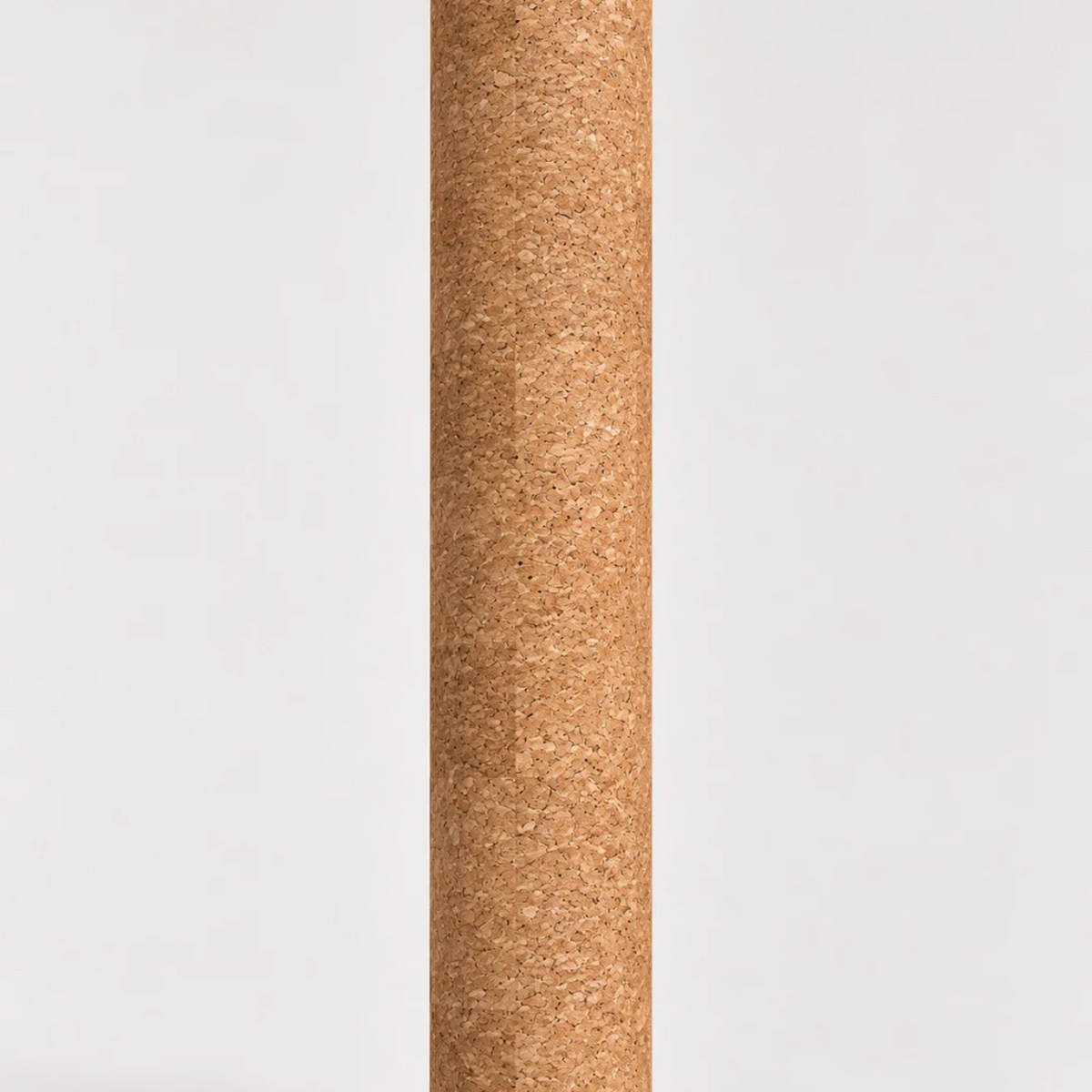A close-up vertical view of a natural cork column showing its textured, fibrous surface against a plain light gray background.