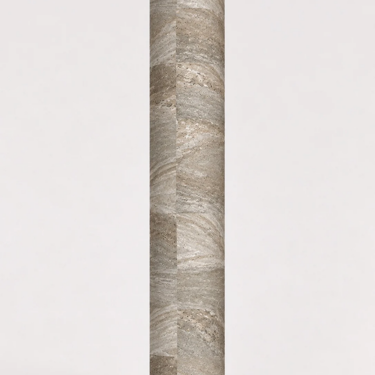 A vertical column of a stone-look yoga mat with a textured, marbled pattern in shades of beige, gray, and brown, shown against a plain off-white background.