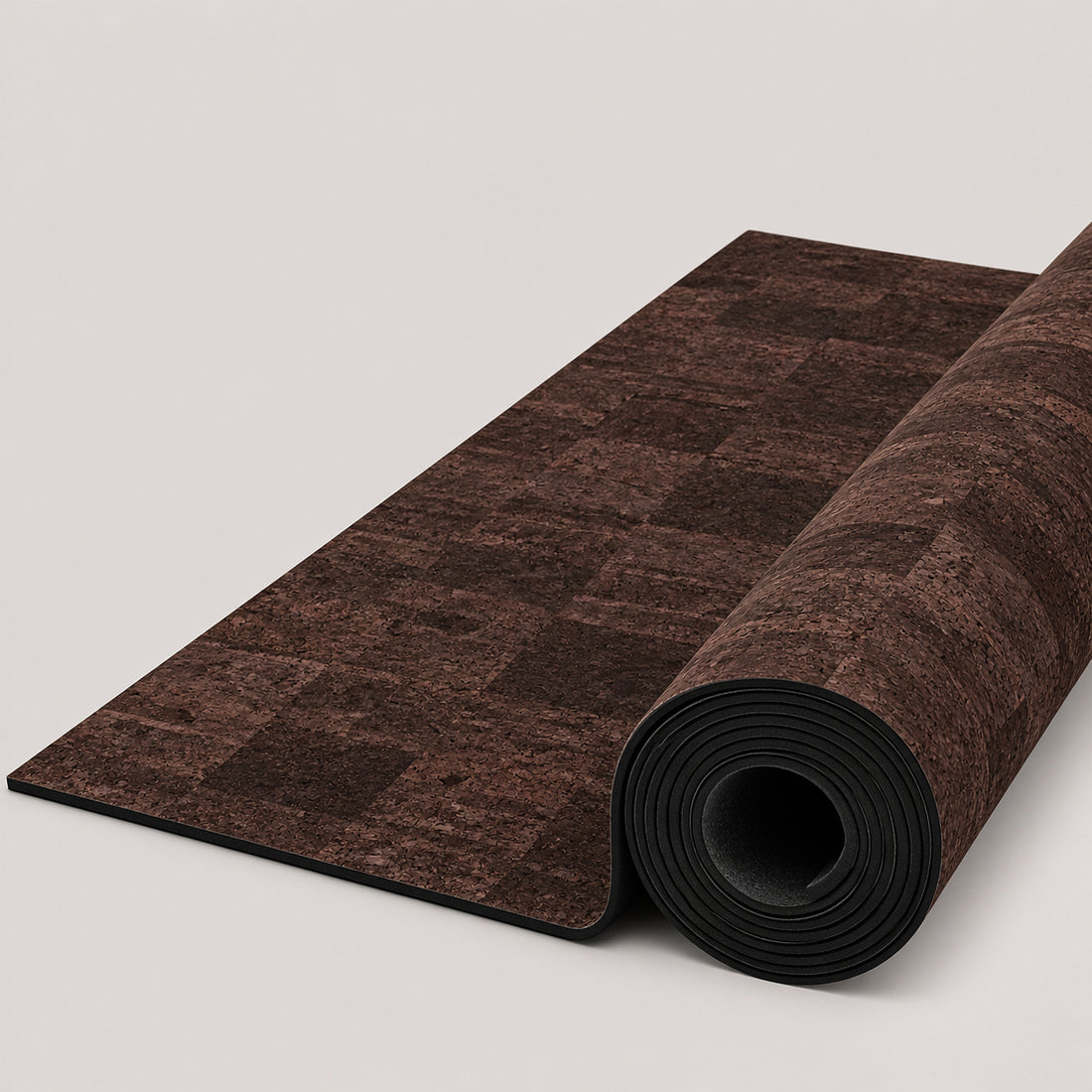 A rolled-up dark brown textured mat or rug with a patchwork wood-grain pattern, featuring the white ThriveLiv logo near the bottom, set against a light gray background.