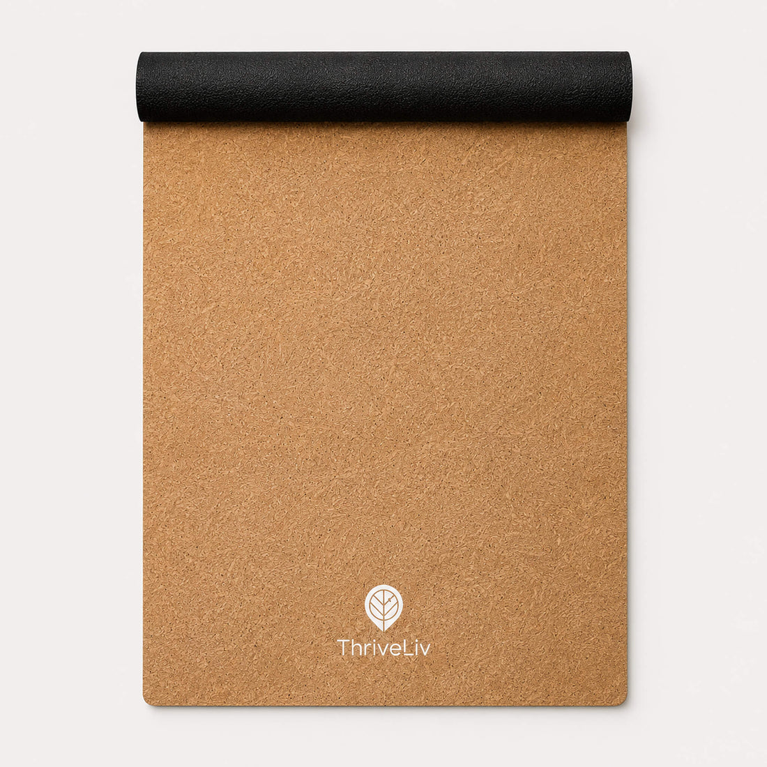 A rolled-up sand coloured yoga mat, showing the black reverse grip, shown on a clean white background. The ThriveLiv logo is printed near the bottom.