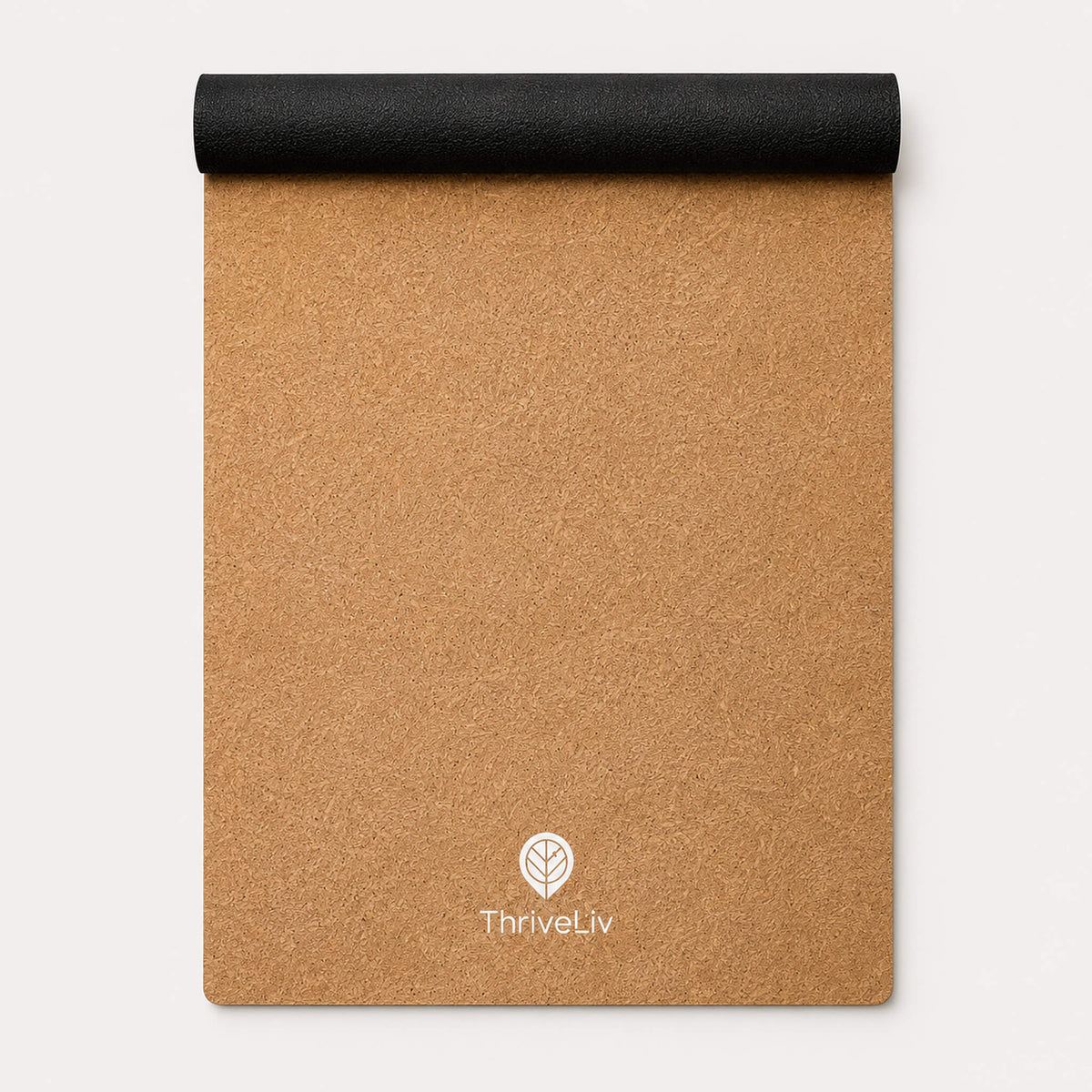 A rolled-up sand coloured yoga mat, showing the black reverse grip, shown on a clean white background. The ThriveLiv logo is printed near the bottom.