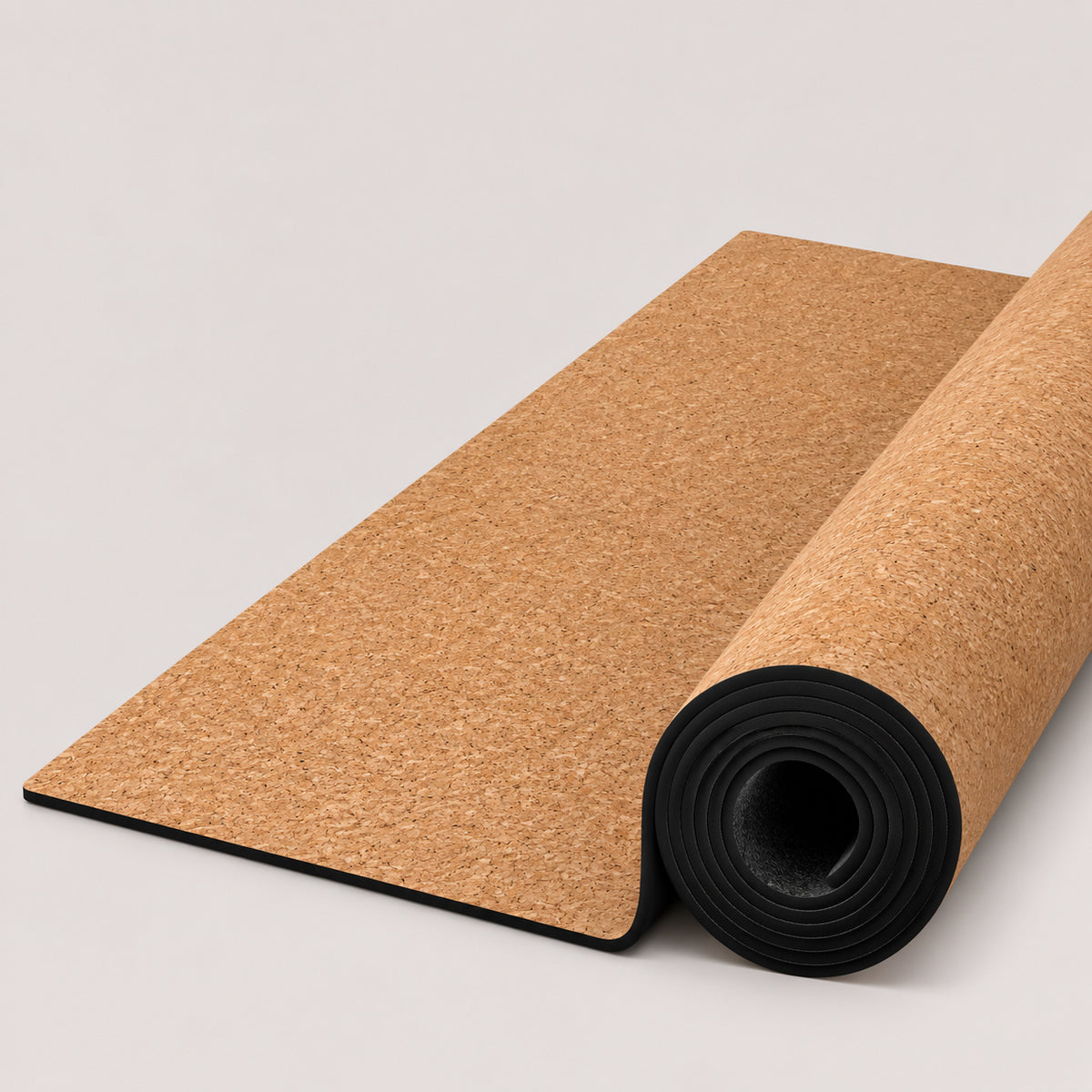 A rolled cork yoga mat with a black underside, shown partially unrolled on a light gray background.