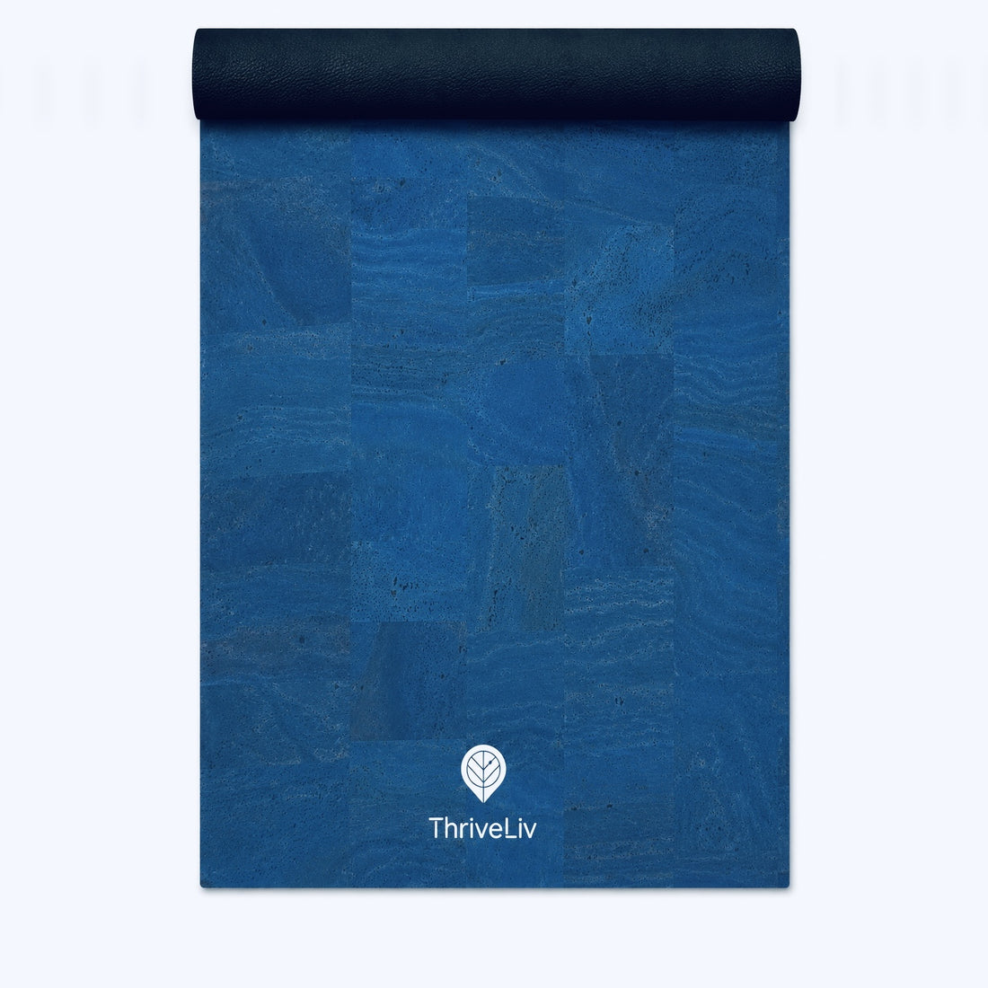 A blue textured yoga mat with a dark navy rolled top edge, featuring a white ThriveLiv logo and text near the bottom, shown against a clean white background.