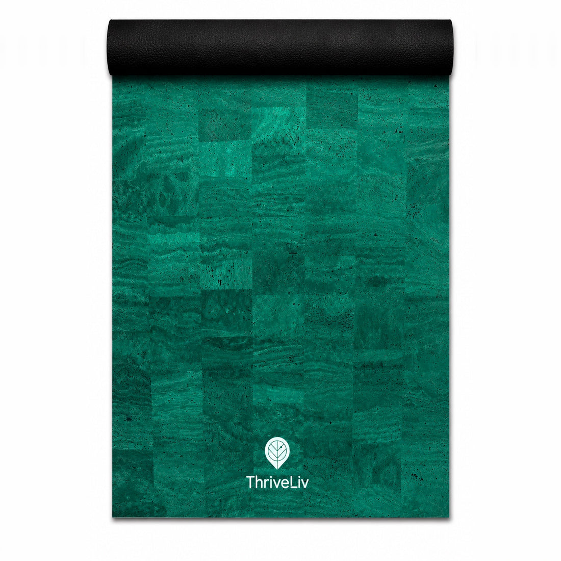 A yoga mat with a textured green patchwork pattern and a black rolled top edge, featuring the ThriveLiv logo at the bottom center, shown on a plain white background.